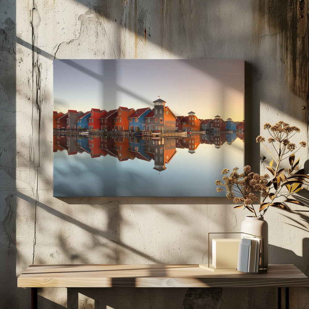 Wall Art Colourful village 48X36inch In Black Floating Frame