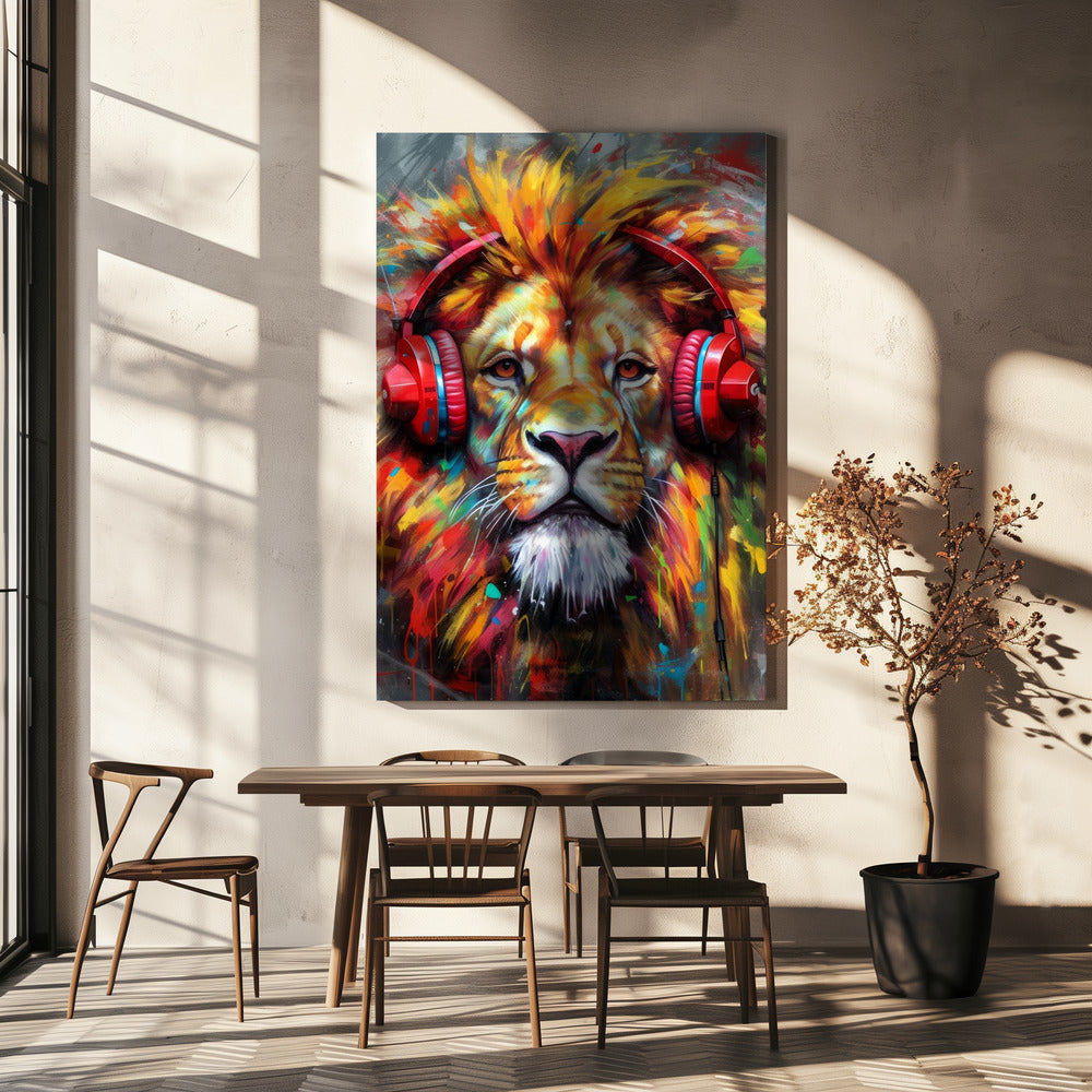 Wall art Lion With Headphones animal 24X36inch Gallery Wrapped (Ready to Hang)