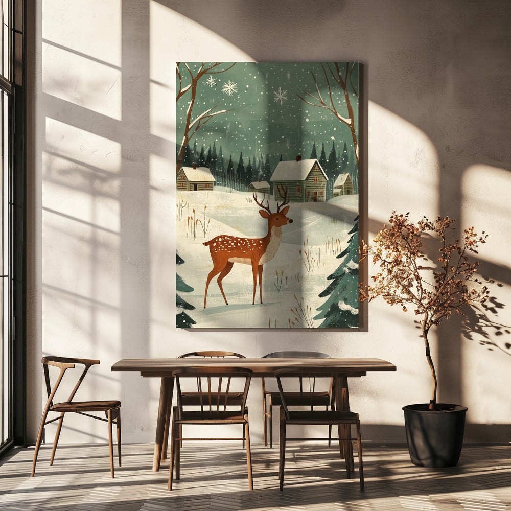 Wall art Deer Winter Holiday Green Canvas Print