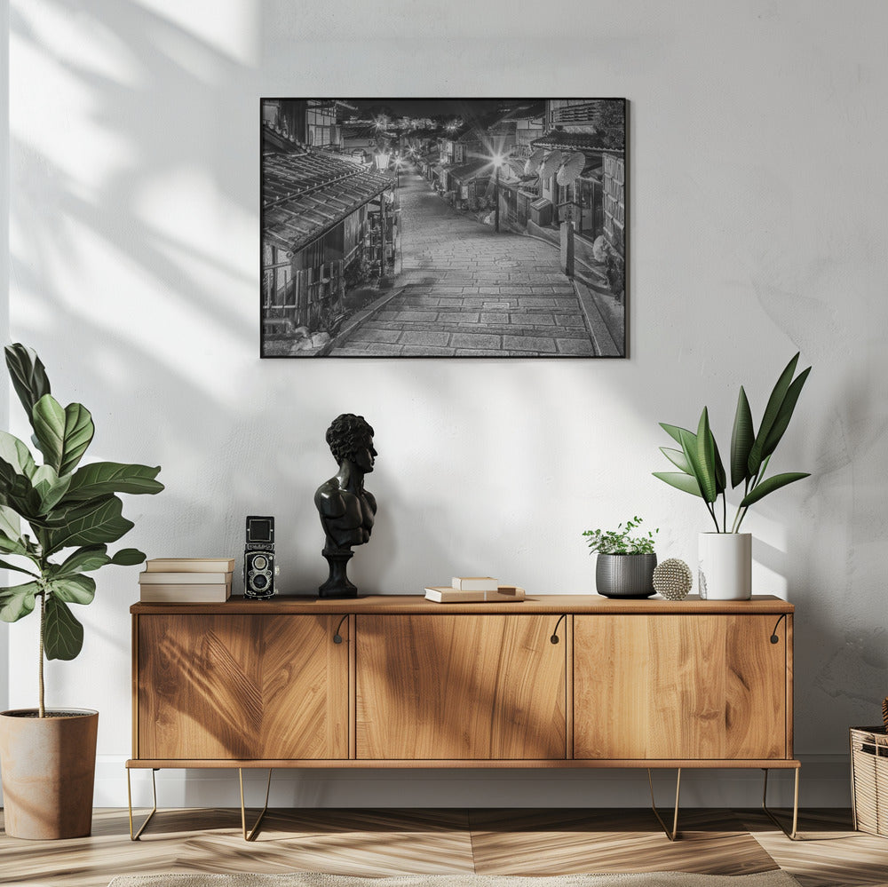Wall art Ninen-zaka in historic Kyoto in the evening - monochrome