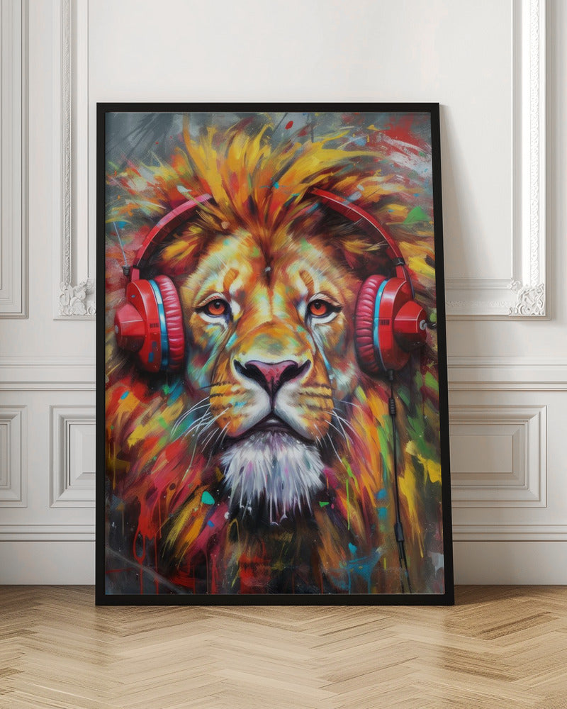 Wall art Lion With Headphones animal 36X48inch In White Floating Frame