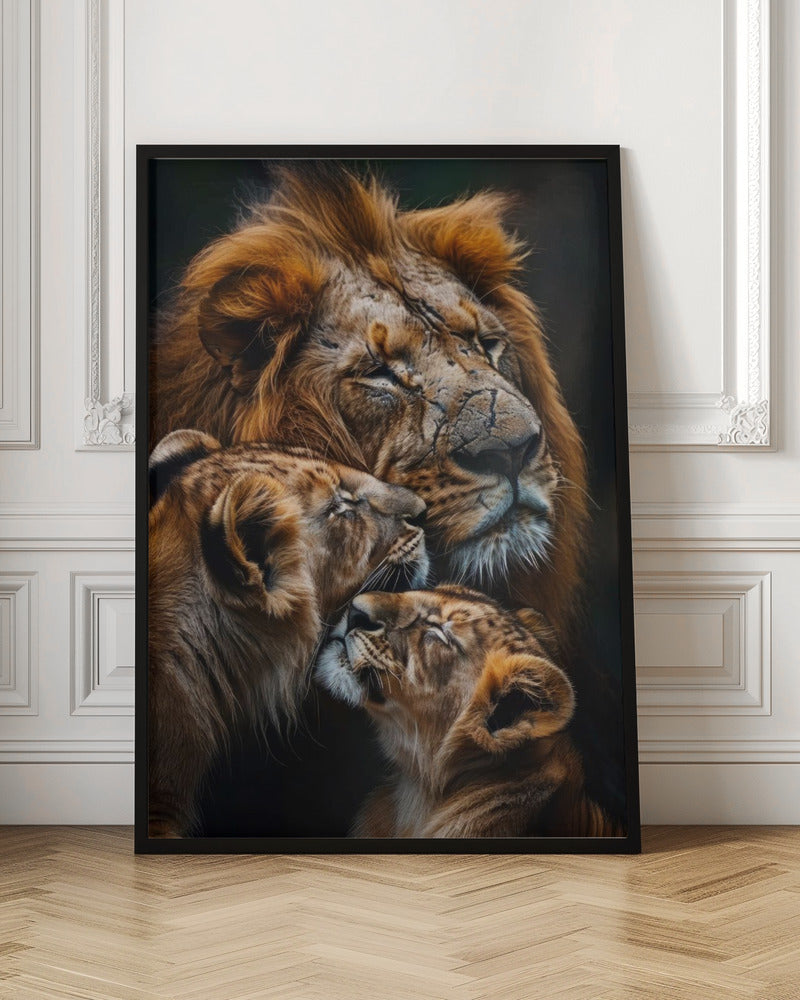 Wall art Poster Lion Family 5 36X48inch In White Floating Frame