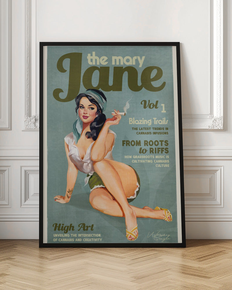 Wall art Mary Jane Retro Vintage Pinup Cannabis Art 24X36inch In White Floating Frame