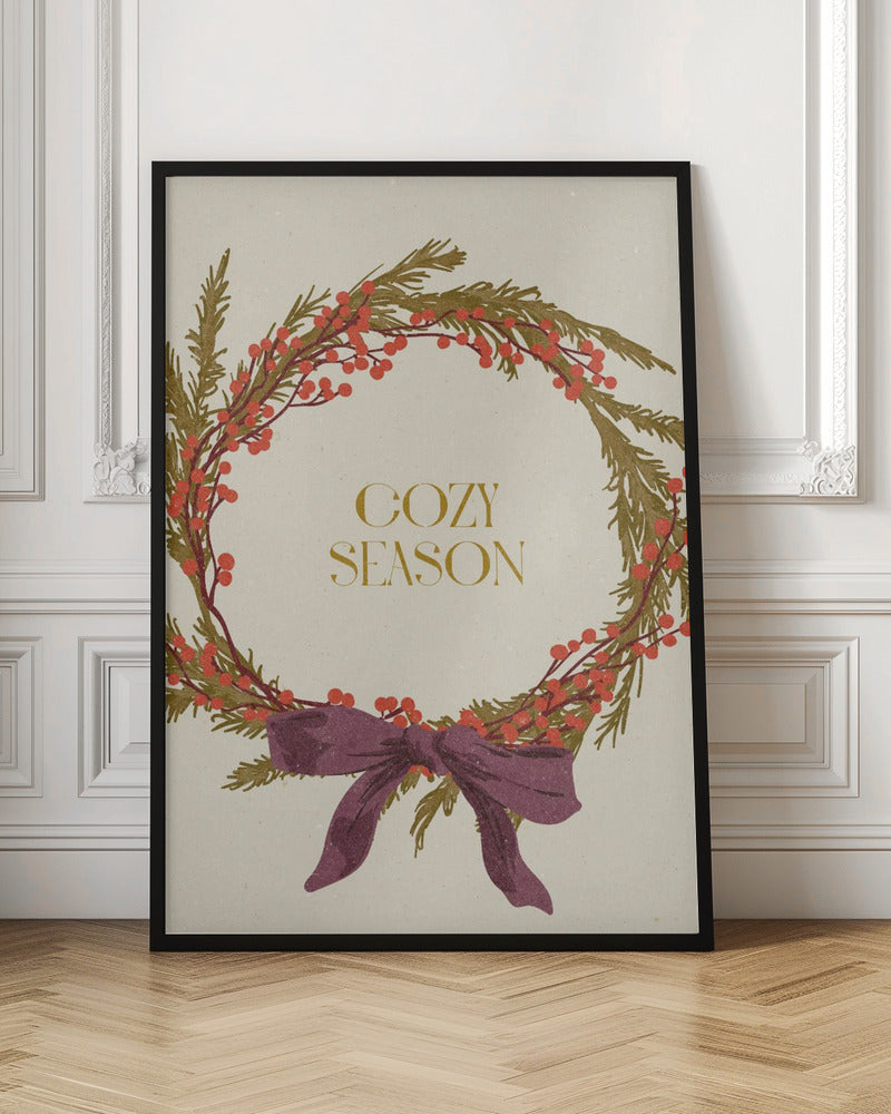 Wall art Cozy Season. Christmas wreath with bow