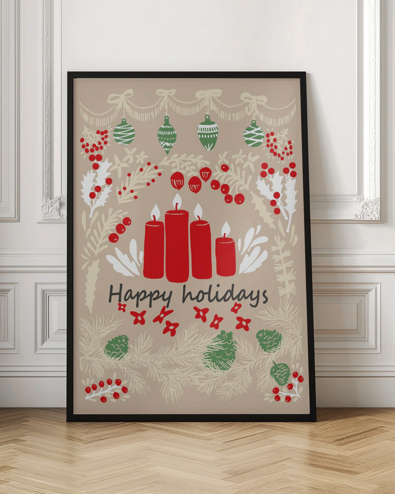 Wall art happy holidays - folk art illustration