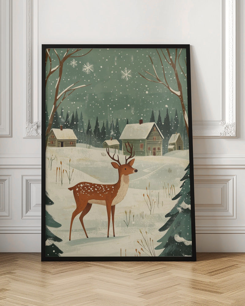 Wall art Deer Winter Holiday Green Canvas Print