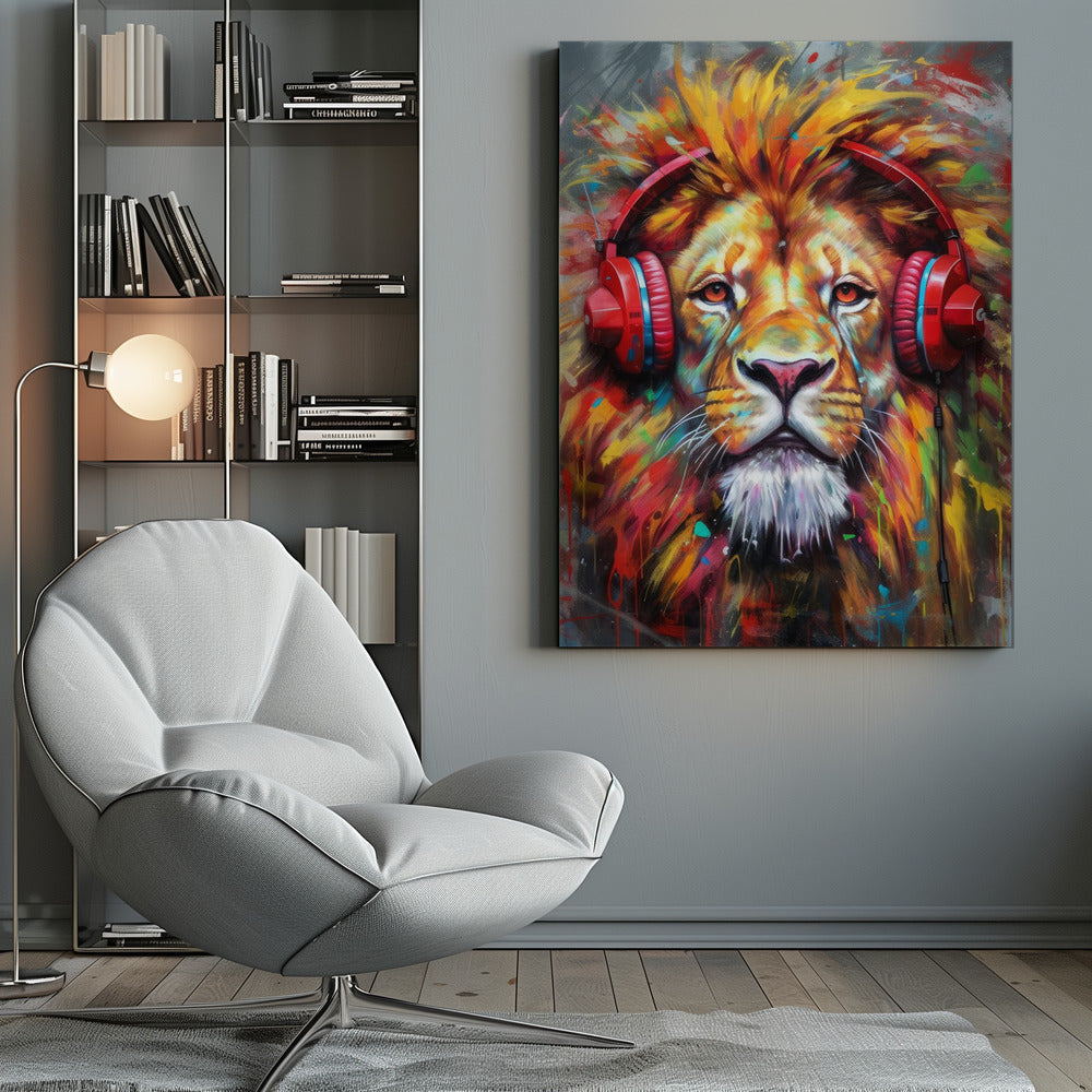 Wall Art Felines Nature-Inspired Canvas Print-wall-art-lion-with-headphones-animal-inches