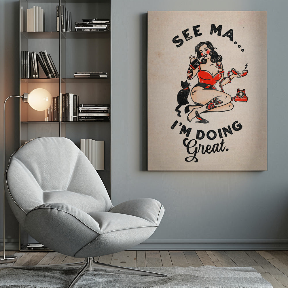 Wall art See Ma Poster Funny Vintage Pinup Girl &amp; Cat