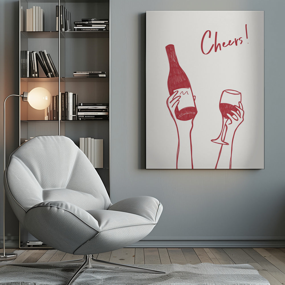 Wall art Cheers wine illustration &amp; text (black &amp; white)