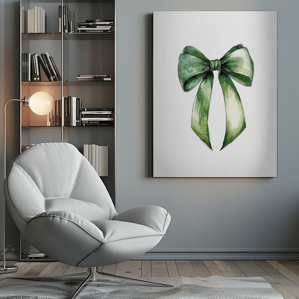 Wall Art Green Bow Water Color Canvas Print