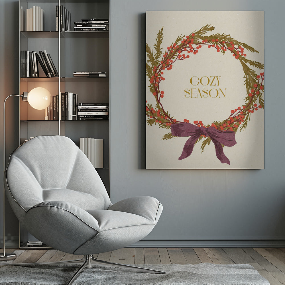 Wall art Cozy Season. Christmas wreath with bow