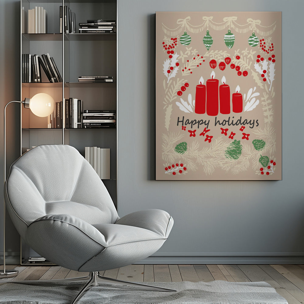 Wall art happy holidays - folk art illustration