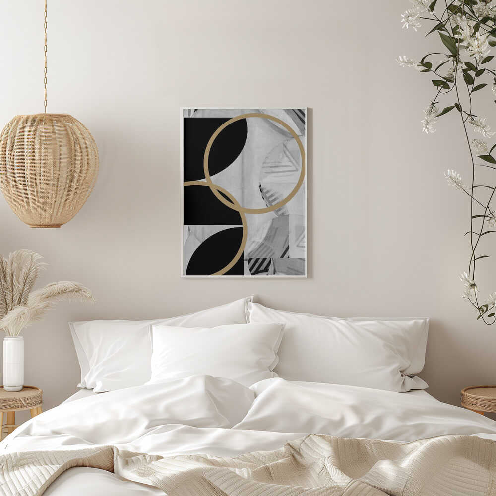 Wall art Black and White Stripes Gold Spheres No1