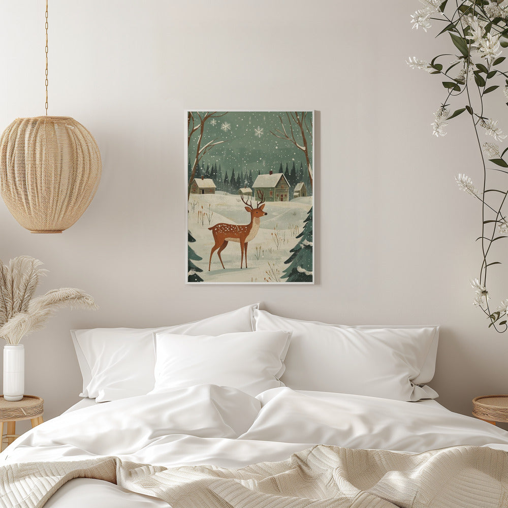 Wall art Deer Winter Holiday Green Canvas Print