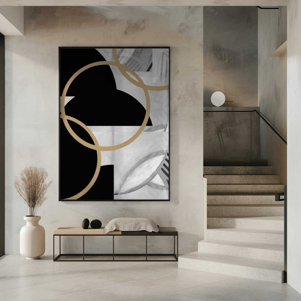 Wall art Black and White Stripes Gold Spheres No3