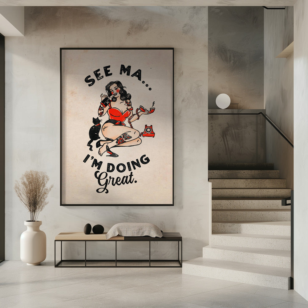 Wall art See Ma Poster Funny Vintage Pinup Girl &amp; Cat 36X48inch In White Floating Frame