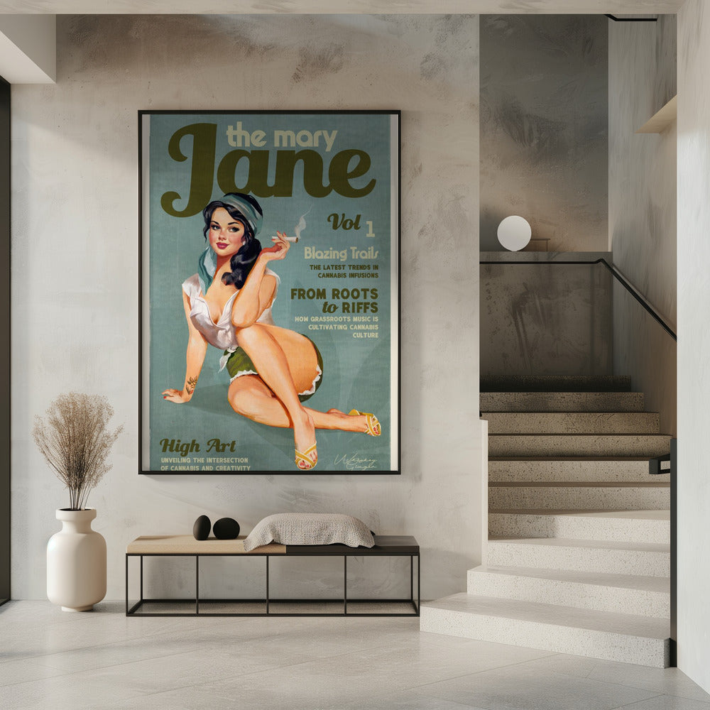 Wall art Mary Jane Retro Vintage Pinup Cannabis Art 36X48inch In White Floating Frame