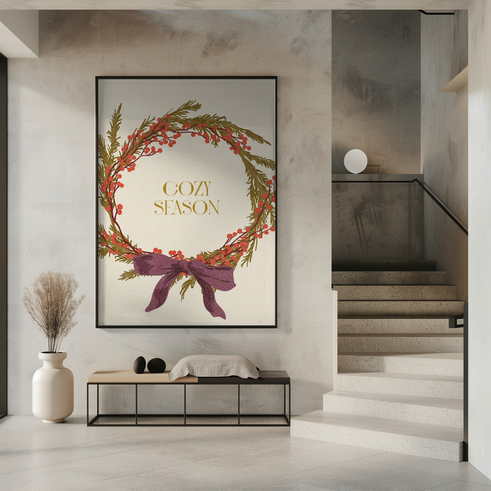 Wall art Cozy Season. Christmas wreath with bow