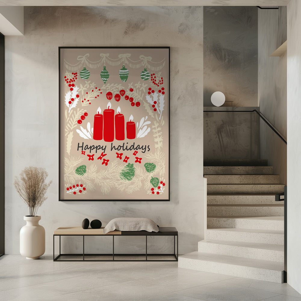 Wall art happy holidays - folk art illustration