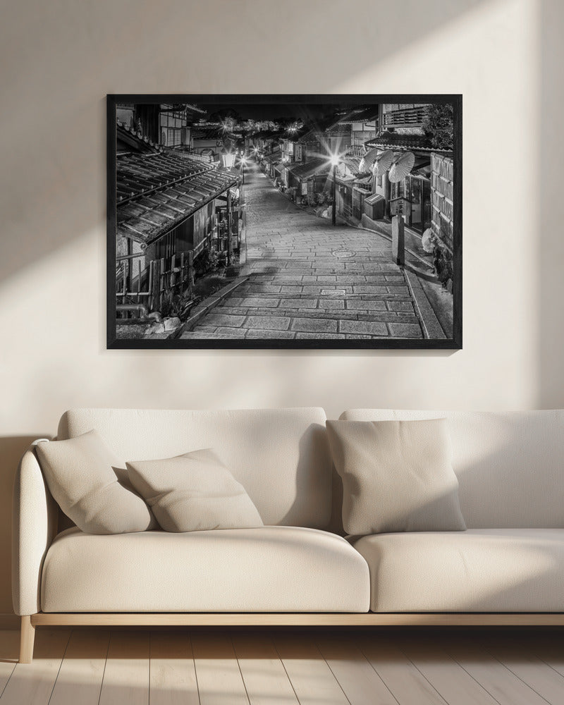 Wall art Ninen-zaka in historic Kyoto in the evening - monochrome