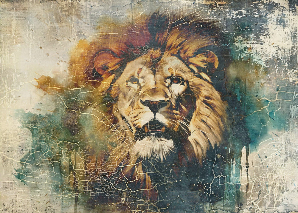 Wall art Lion Animal Vintage Art Illustration Wallart 09 48X36inch In White Floating Frame