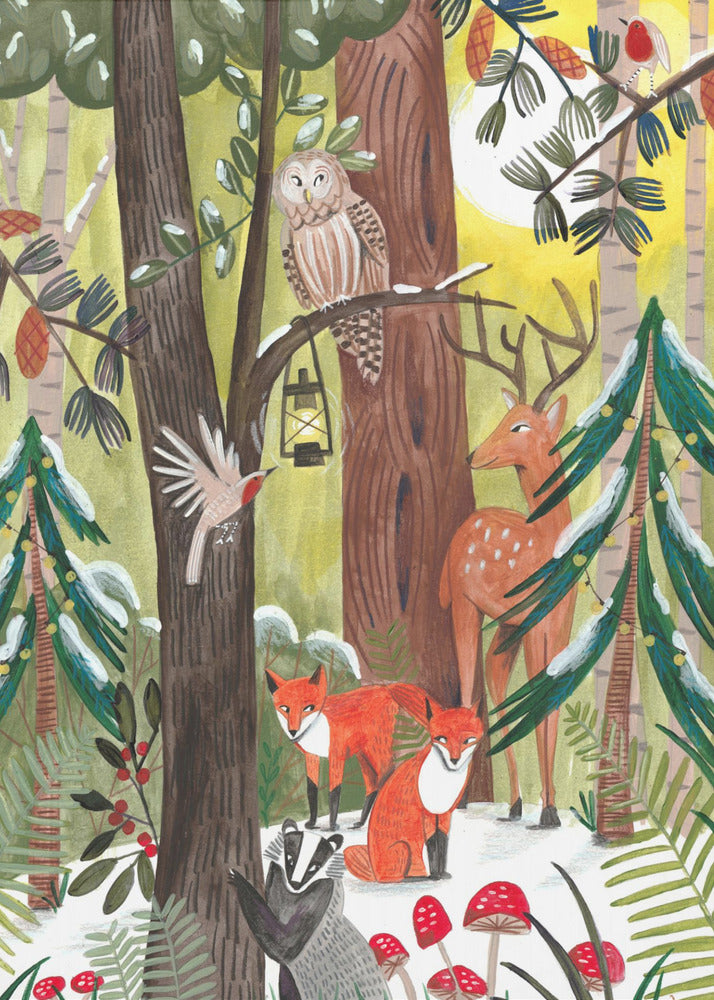 Wall art Green Christmas forest with animals