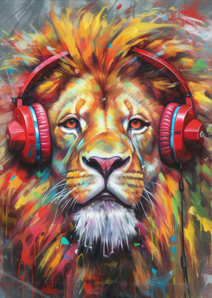 Wall art Lion With Headphones animal 24X36inch In White Floating Frame