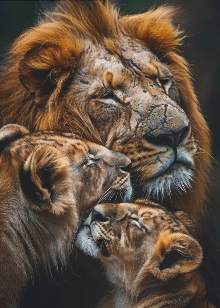 Wall art Poster Lion Family 3 24X36inch In White Floating Frame