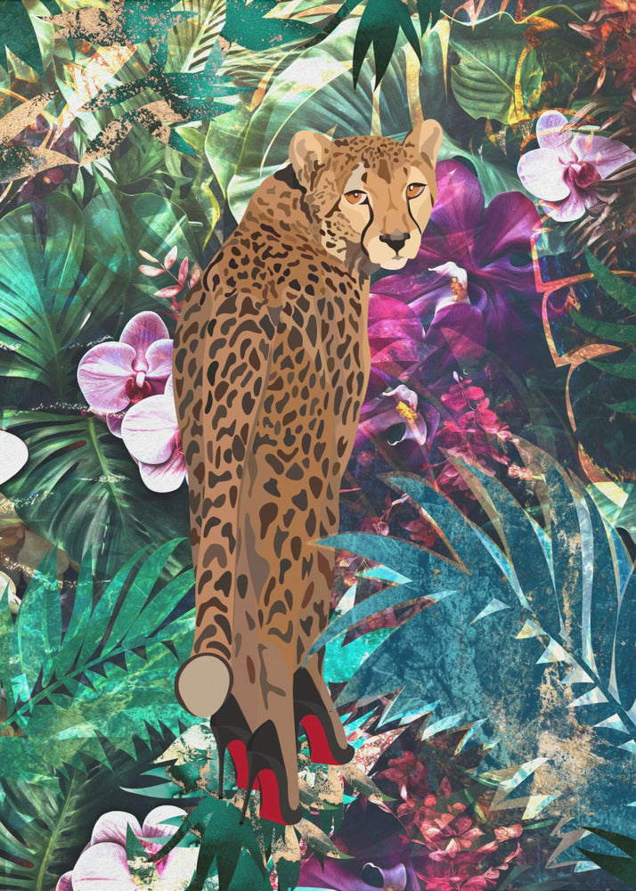 Wall art Tropical Floral Jungle - Cheetah in heels 24X36inch In White Floating Frame