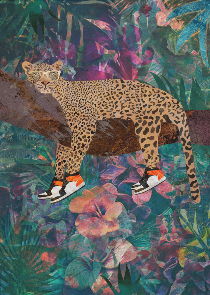 Wall art Tropical Floral Jungle - Leopard wearing shoes 24X36inch In White Floating Frame