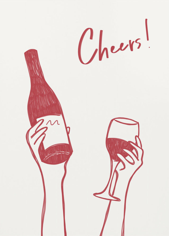 Wall art Cheers wine illustration &amp; text (black &amp; white)
