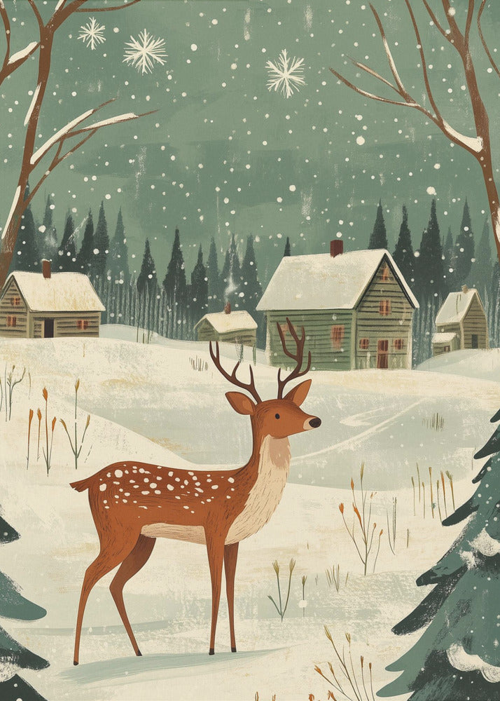 Wall art Deer Winter Holiday Green Canvas Print