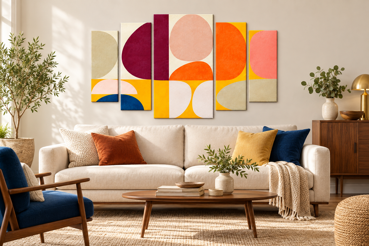 Retro Colorblock Geometry in the Compact 5 layout shown in an illustrative room setting
