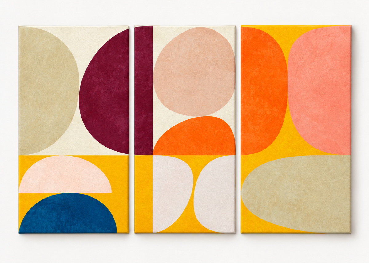 Retro Colorblock Geometry Large triptych gallery-wrapped canvas set; illustrative front view, see size guide for dimensions