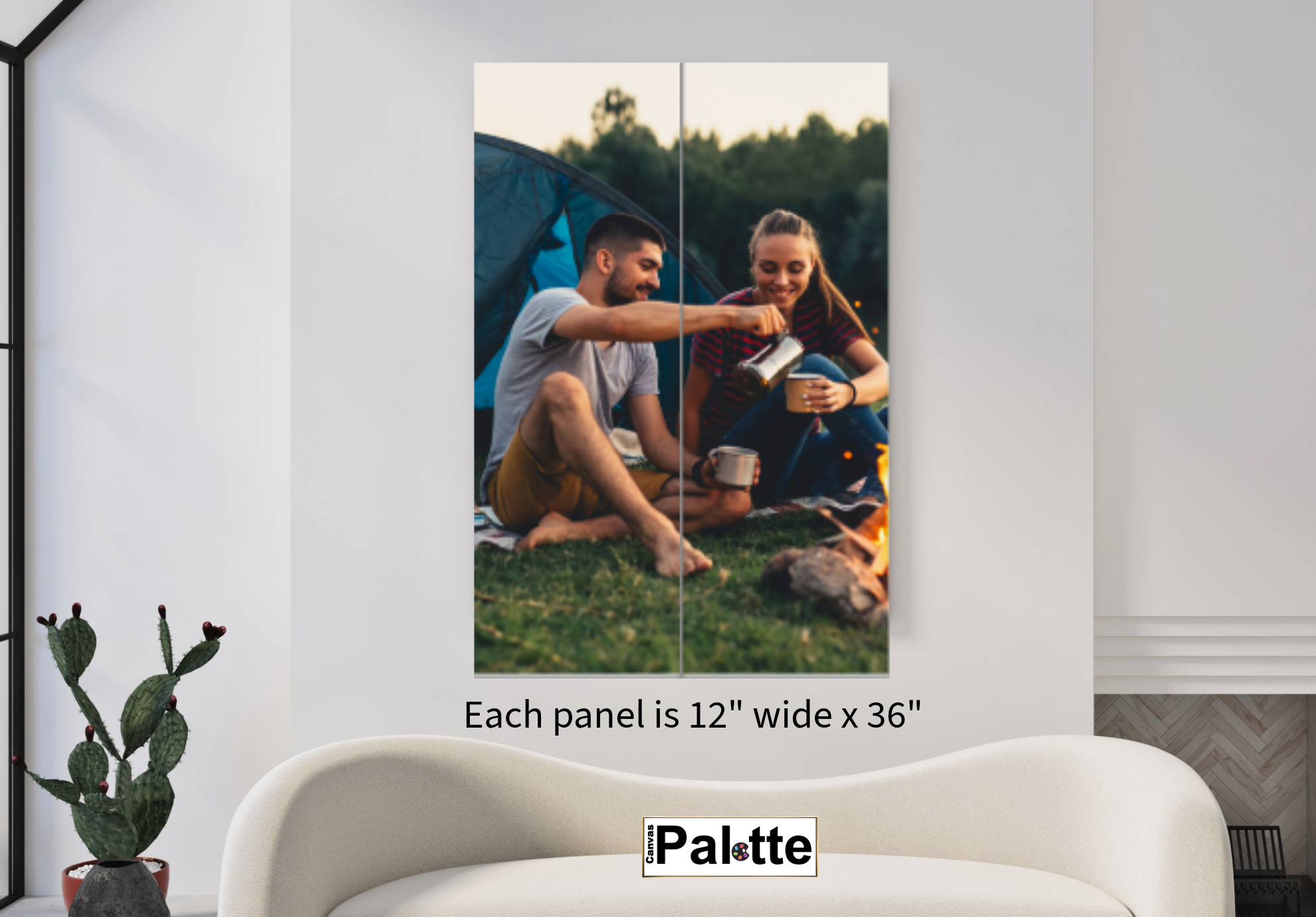 Sample Photo split in two panel.  Photo shows a couple in camping. Split canvas prints