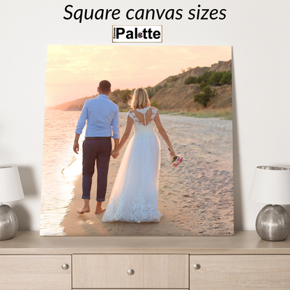 Sample of custom square prints on canvas Canada on CanvasPalette.com. Portrait of newlyweds at sunset on beach