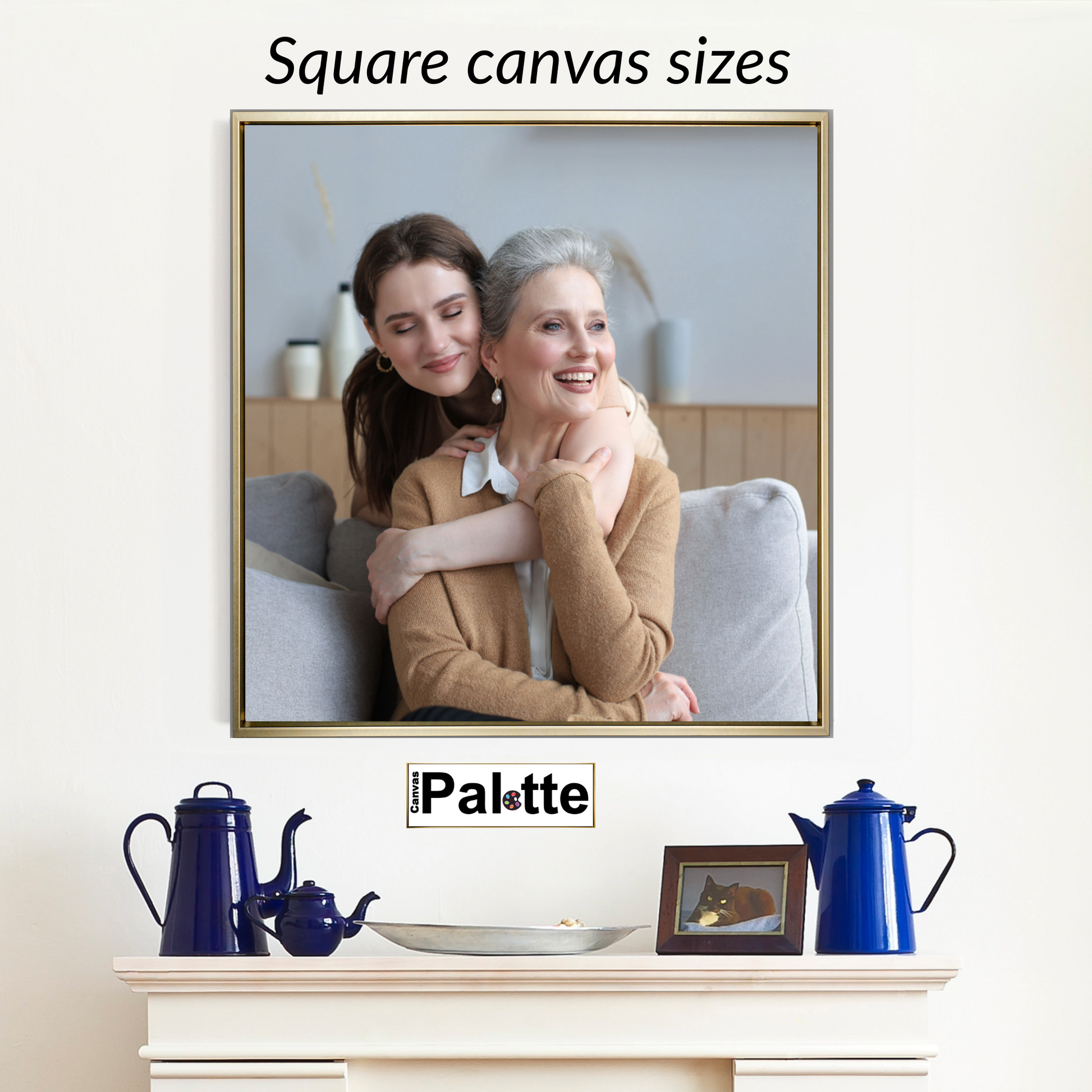 Sample of custom square prints with brushed Gold Floating Frame on canvas Canada on CanvasPalette.com. The portrait of the grandmother and the granddaughter is hung above the fireplace, next to a pair of teapots and a small kitten.