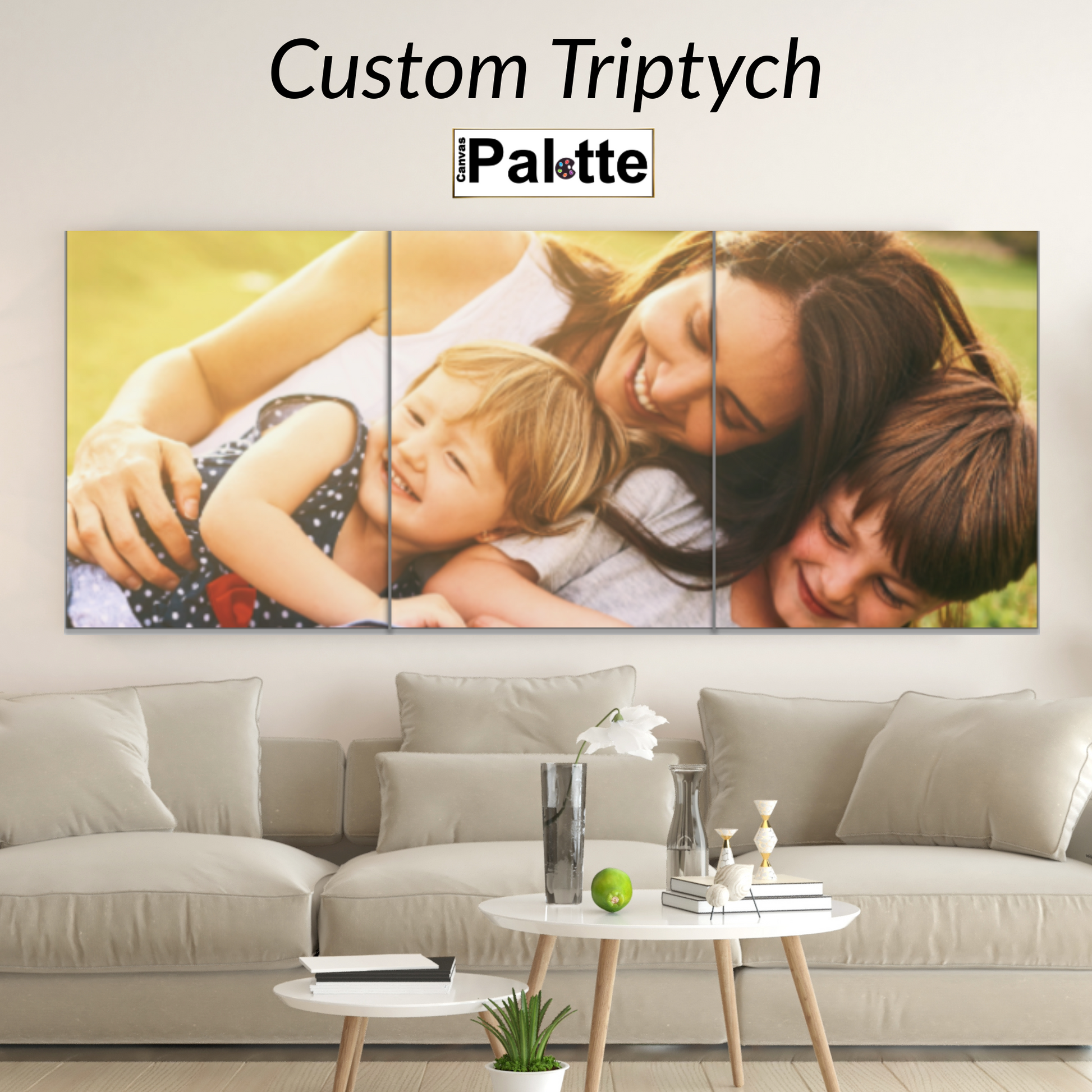Example of a personalised triptych printed on Canvas Palette. The photo shows a family, the mother and her two children laughing.