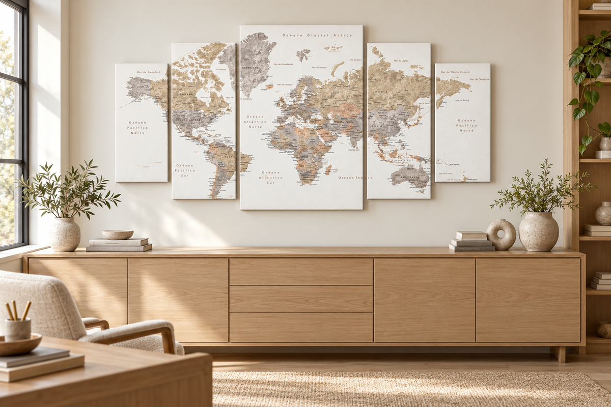Wanderlust World Map in the Compact 5 layout shown in an illustrative room setting