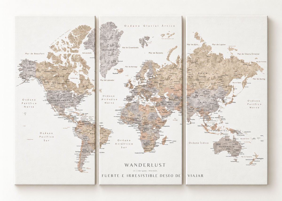 Wanderlust World Map Large triptych gallery-wrapped canvas set; illustrative front view, see size guide for dimensions